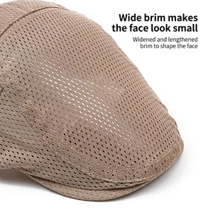 Khaki breathable mesh flat cap with wide brim for sun protection and summer comfort