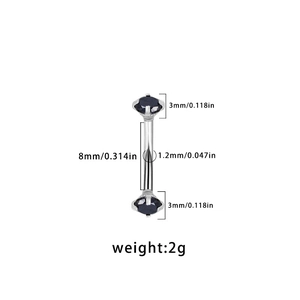 Detail view of 8mm curved barbell eyebrow ring with 3mm black stones and dimensions