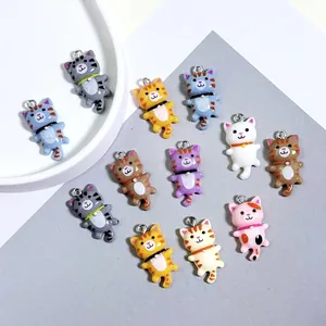 Set of 12 colorful striped cartoon resin cat charms for DIY jewelry and keychains