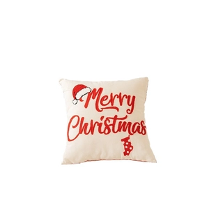 Funda de cojín navideña con bordado rojo Merry Christmas y motivos festivos
