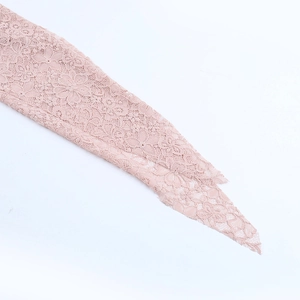 Close-up of delicate light pink floral lace fabric with intricate embroidery detail