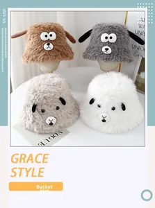 Detail view of plush faux fur bucket hats with cute sheep ears in four soft colors