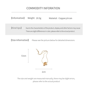 Detailed spec sheet showing a 53cm zircon pendant necklace with 10.5g copper weight