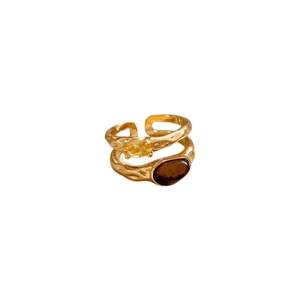 18k gold plated double-layer open ring with tiger eye stone and zircon gemstones