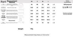 Size chart and measurement guide for women's flare trousers with rivet detailing