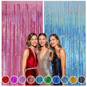 Laser Macaron Foil Fringe Curtain Tinsel Backdrop PET Plastic Self Adhesive For Birthday Wedding Party Decoration