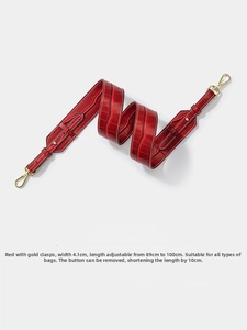 Red crocodile texture leather bag strap with gold buckles, adjustable 89-100cm length