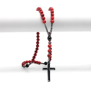 8mm Red Turqoise and Black Onyx Rosary Necklace with Black Cross Pendant for Men
