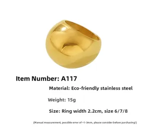 Detailed spec sheet showing 15g gold stainless steel 2.2cm dome ring size chart