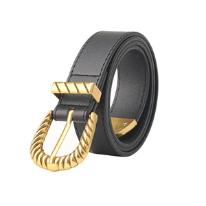 Three-piece vintage black leather belt set with textured gold buckle for women fashion
