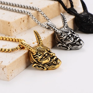 Vintage bull head demon mask pendant necklace for men in gold silver and black metal