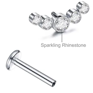 Threaded stainless steel T-bar labret stud with five curved sparkling rhinestones