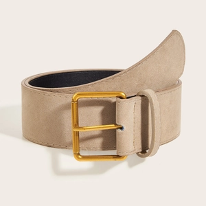 Retro khaki wide suede leather belt with square golden metal buckle for women dress