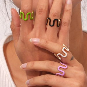 18K gold plated stainless steel wavy rings with colorful enamel on female hands