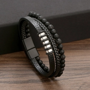 Men Multi-layer Leather Bracelet With Stainless Steel Magnetic Clasp Lava Stone Agate Beads Vintage Punk Style Jewelry