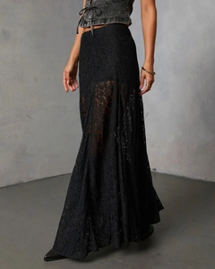 Detail of sheer black lace maxi skirt showing intricate floral patterns and elegant drape