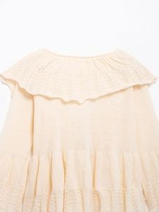 Detailed view of white knit sweater with ruffled lace collar and delicate openwork pattern