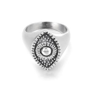 Gothic sun flower signet ring in 316L stainless steel with vintage silver finish