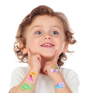 Waterproof glitter dinosaur temporary tattoo stickers for children with colorful cartoon designs