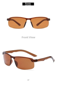 Front and 45-degree angle views of rimless brown lens outdoor sport sunglasses