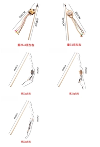 Detailed view of cat teaser wands with wooden handles and plush lion or mouse pendants