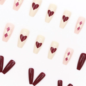 Glossy burgundy and argyle pattern ballet style press-on nails with heart design