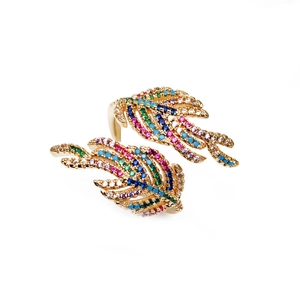 18K gold plated feather rings featuring vibrant multi-color zircon inlay on white background