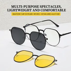Magnetic Clip On Sunglasses Round Metal Frame TAC Polarized Night Vision Lenses UV400 Eyewear Men Women