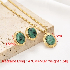 Classic gold stainless steel rope jewelry set with oval green ice-crack stones