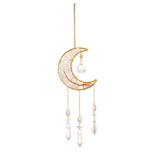 Detailed view of handmade moon dreamcatcher suncatcher with crystal prisms on white background