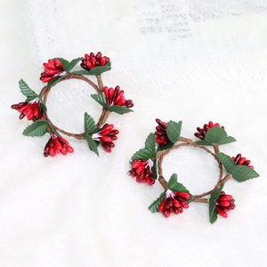 Set of two Christmas red berry napkin rings and mini candle wreaths for festive decor