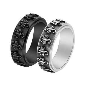Close-up of rotatable vintage scorpion ring in black and silver finishes for men