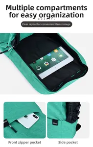 Detail view of teal backpack compartments showing tablet sleeve and side water bottle pocket
