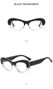 Close-up of black and transparent butterfly cat-eye eyeglass frames with side view
