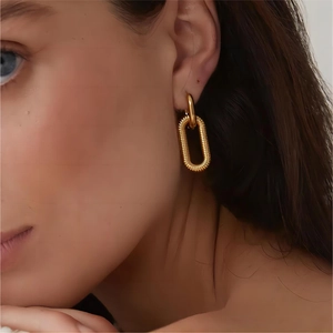Textured Stainless Steel Oval Link Chain Hoop Earrings 18K Gold Plated Geometric Striped Jewelry For Women
