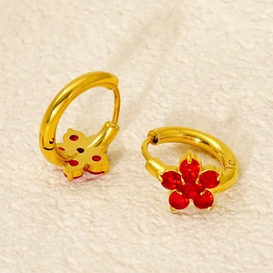 Fashionable gold stainless steel flower hoop earrings with red zircon floral charms