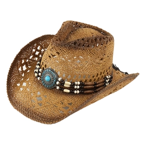 Detail of western straw hat featuring ethnic band with turquoise stone and beads