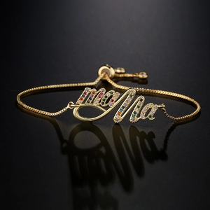Mama Script Letter Adjustable Bracelet Gold Plated Copper Multicolored Zircon Elegant Box Chain Jewelry Gift For Women