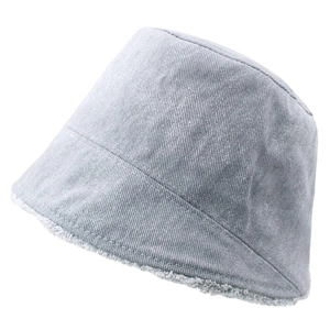 Detail of grey denim bucket hat with faux fur trim texture and twill cotton finish