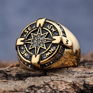 Men's vintage gold stainless steel compass ring with zircon inlay and black enamel