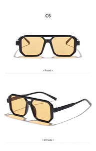 Front and side view of vintage square double bridge sunglasses with black frame and yellow lens