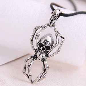 Pendant Necklace Skull Spider Shape Antique Silver Alloy Black Cord Gothic Punk Retro Hip Hop Vintage Jewelry For Men