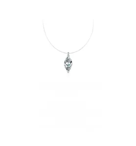 Macro view of marquise-cut moissanite pendant on a minimalist invisible fishing line chain