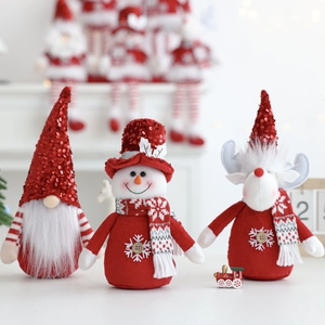 Detailed view of plush Christmas gnomes with sequins hats featuring a snowman and reindeer