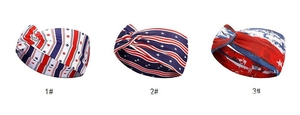 Detailed view of American flag patterned yoga headbands with knot design and star prints