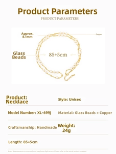 Detailed technical specifications for handmade glass bead necklace with 85cm length