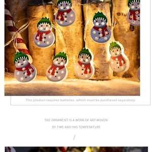 Close-up of LED Christmas snowman string lights with warm glow on rustic wood backdrop