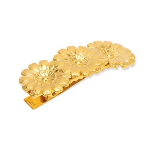 Golden 18K gold-plated leaf and flower hair clip with three 3D petals on white background