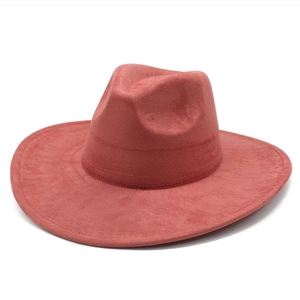 Classic coral red faux suede fedora hat with a wide brim and premium reinforced stitching