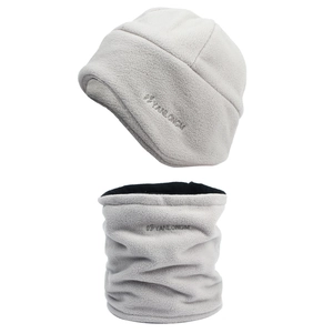 Detailed view of light gray fleece hat and neck warmer set with custom embroidery